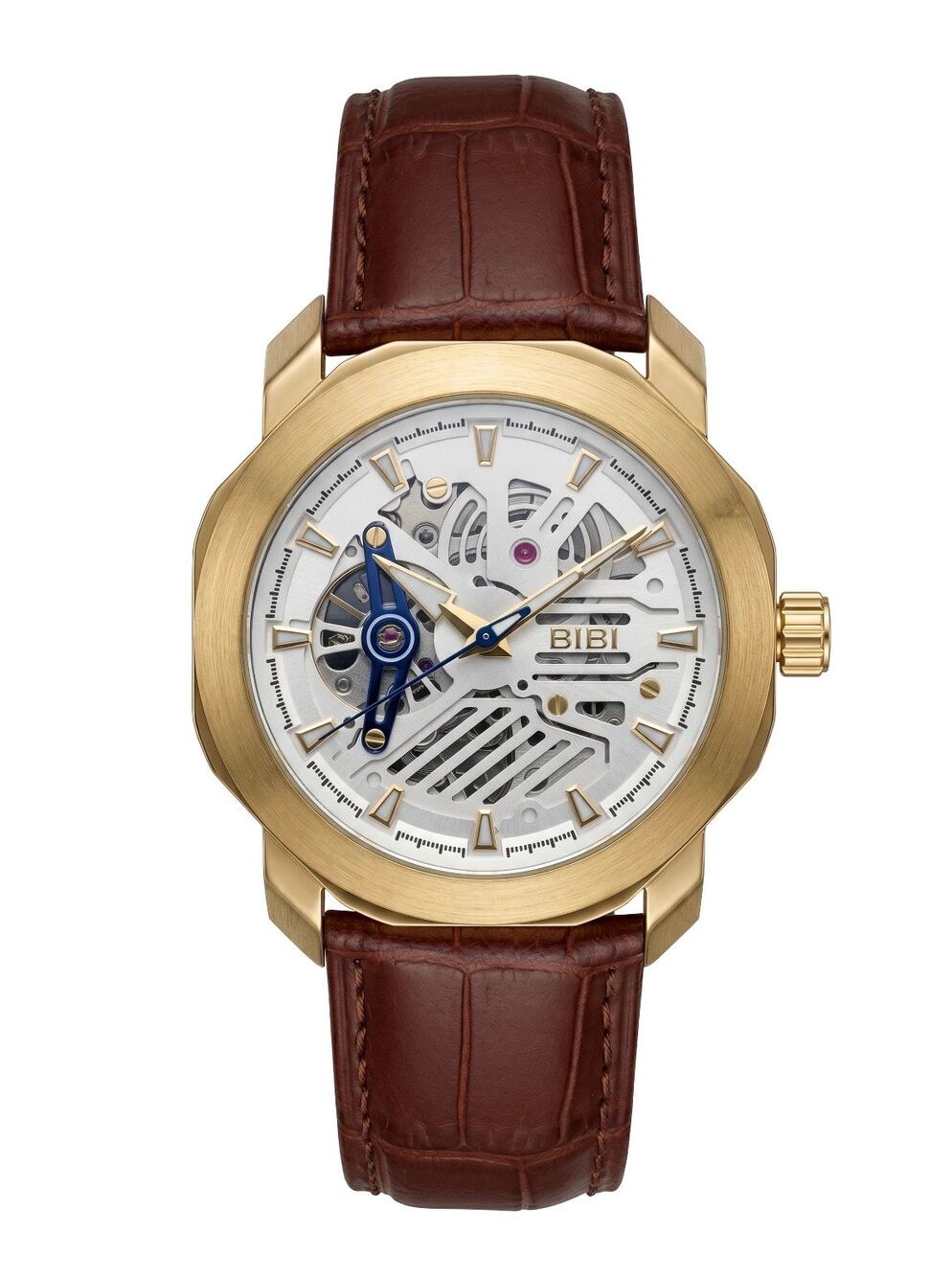 Bibi Luxury Automatic Mechanical Watch 44mm White Dial Leather Strap New